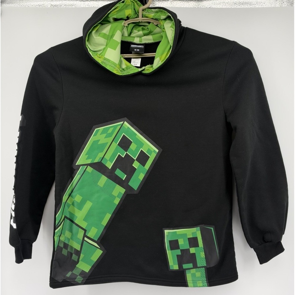 Minecraft Long Sleeve Hooded Graphic Sweatshirt Black With Green Youth 18/20